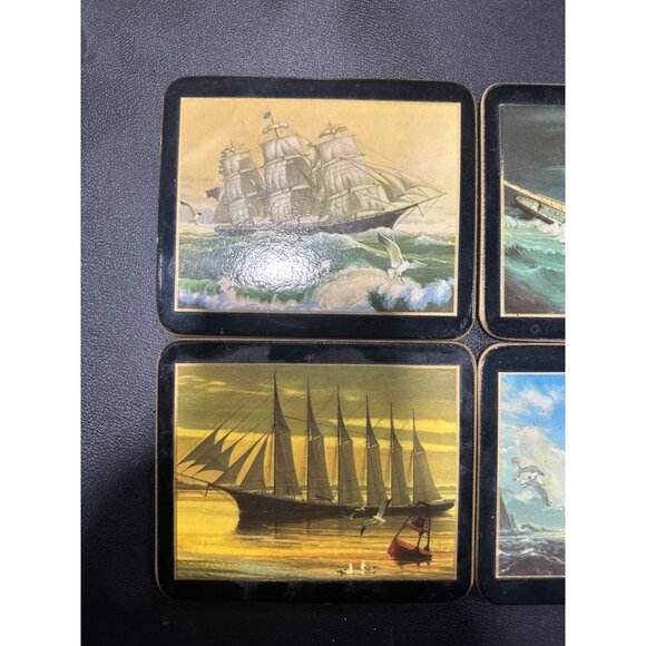 Set Of 4 Vintage Brooks Brothers Cork Back Nautical Ship Art Coasters England - Picture 3 of 6